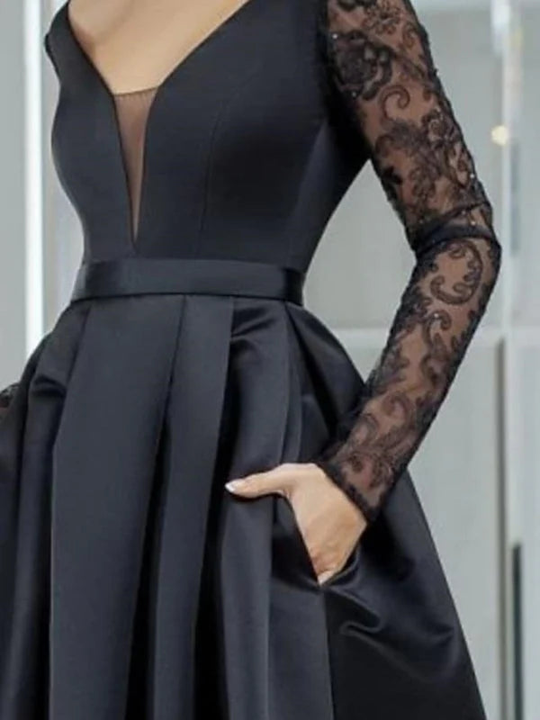 Vestido formal Cuello en V Mangas largas Encaje negro Vestidos largos de fiesta Alto bajo Vestidos formales negros Vestidos de noche de encaje negro